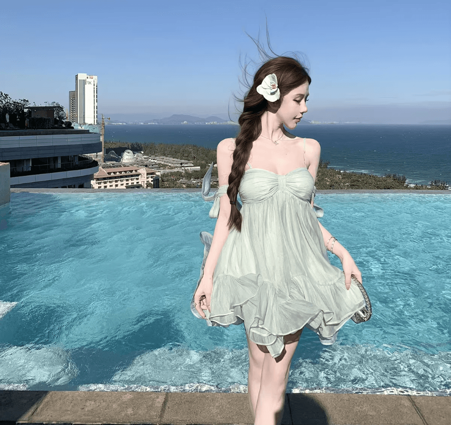 원본 것 있음 네리 프랑스식 슬립 무거운 작업 나비 매듭 프릴 요정 치마 해변가 착용 가져 가라. 슬림해 보이는 미니 스커트 상세 이미지 7