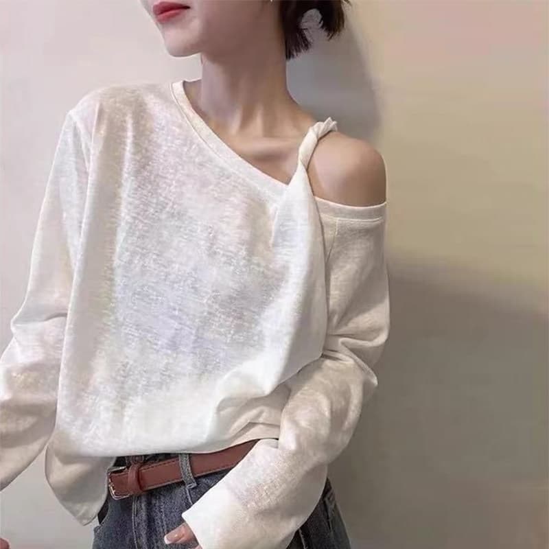눈꽃 면 비스듬한 어깨 오프숄더 긴팔 티셔츠 여성 이른 가을 한국 스타일 루즈핏 슬림해 보이는 인사이드 가져 가라. 기본 셔츠 디자인 센스 맨위 이미지 2