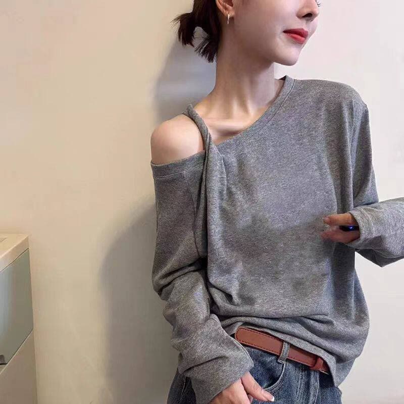 눈꽃 면 비스듬한 어깨 오프숄더 긴팔 티셔츠 여성 이른 가을 한국 스타일 루즈핏 슬림해 보이는 인사이드 가져 가라. 기본 셔츠 디자인 센스 맨위 이미지 4