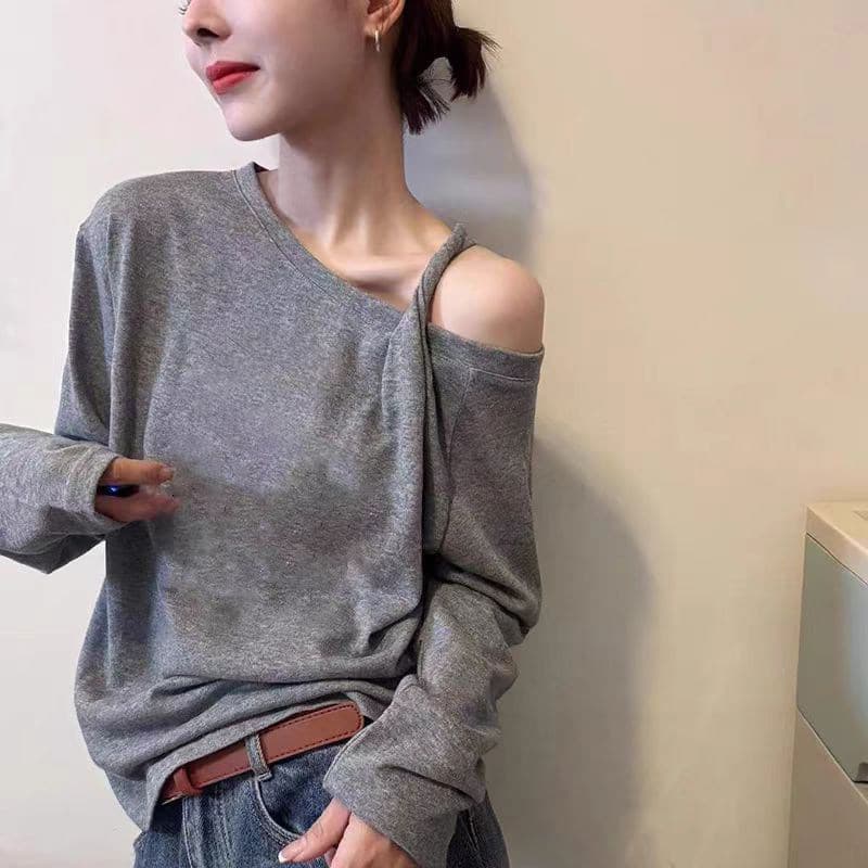 눈꽃 면 비스듬한 어깨 오프숄더 긴팔 티셔츠 여성 이른 가을 한국 스타일 루즈핏 슬림해 보이는 인사이드 가져 가라. 기본 셔츠 디자인 센스 맨위 상세 이미지 6