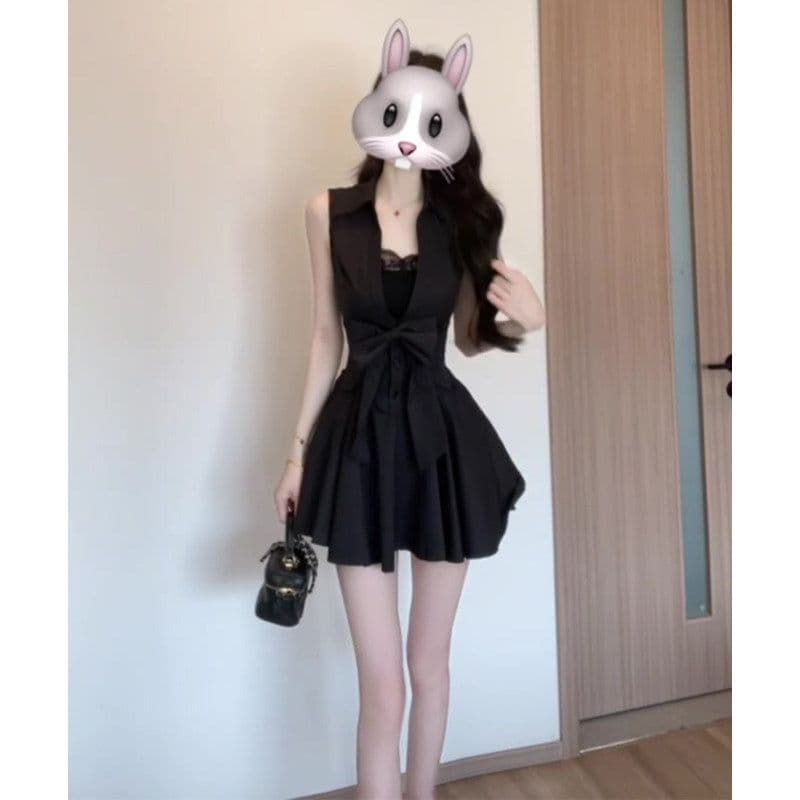 로얄 자매 그는 벤 바람 검정색 polo 셔츠 민소매 드레스 품격 슈퍼 잘 생긴 허리 수축 한 마디 퍼프 짧은 치마