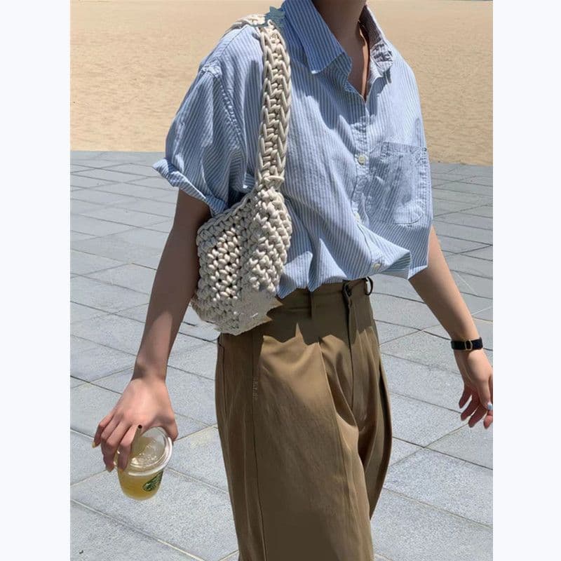 파란색 스트라이프 반팔 여성 셔츠 여름 고급 센스 한국 스타일 POLO 칼라 셔츠 디자인 센스 작은 대중 루즈핏 맨위 이미지 2