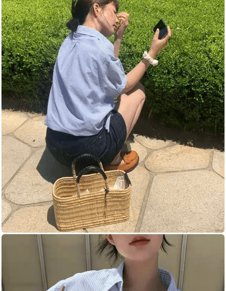 파란색 스트라이프 반팔 여성 셔츠 여름 고급 센스 한국 스타일 POLO 칼라 셔츠 디자인 센스 작은 대중 루즈핏 맨위 상세 이미지 3