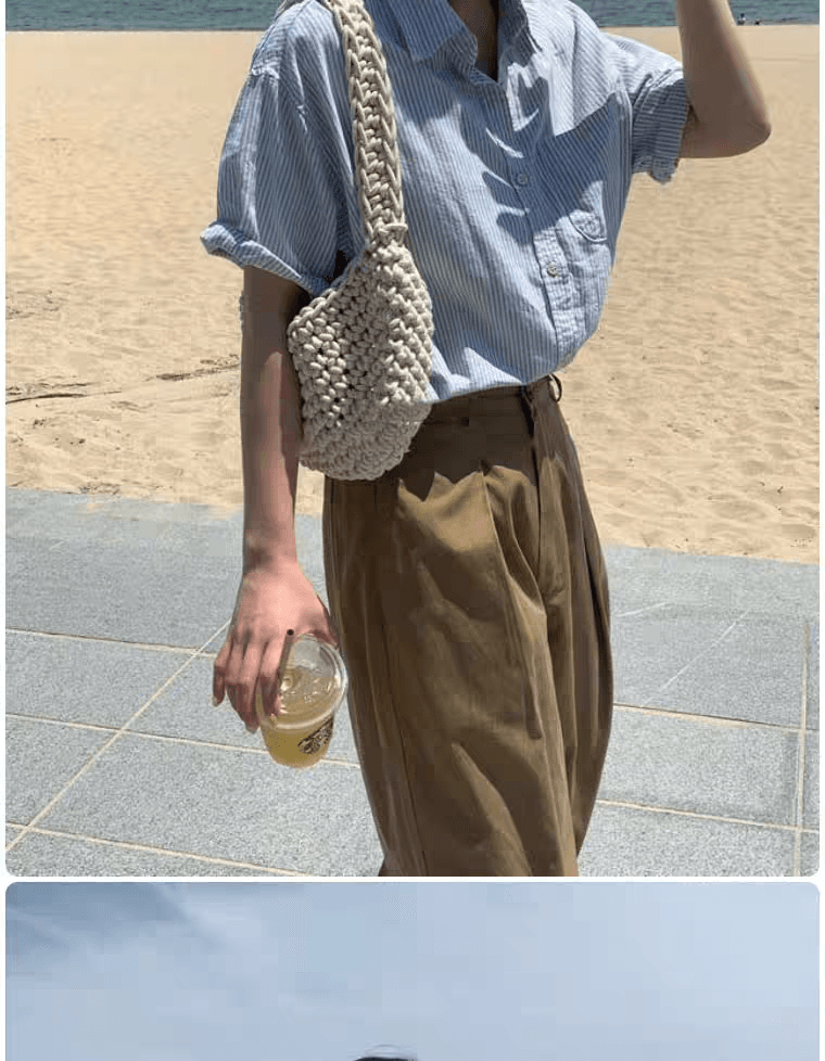 파란색 스트라이프 반팔 여성 셔츠 여름 고급 센스 한국 스타일 POLO 칼라 셔츠 디자인 센스 작은 대중 루즈핏 맨위 상세 이미지 7