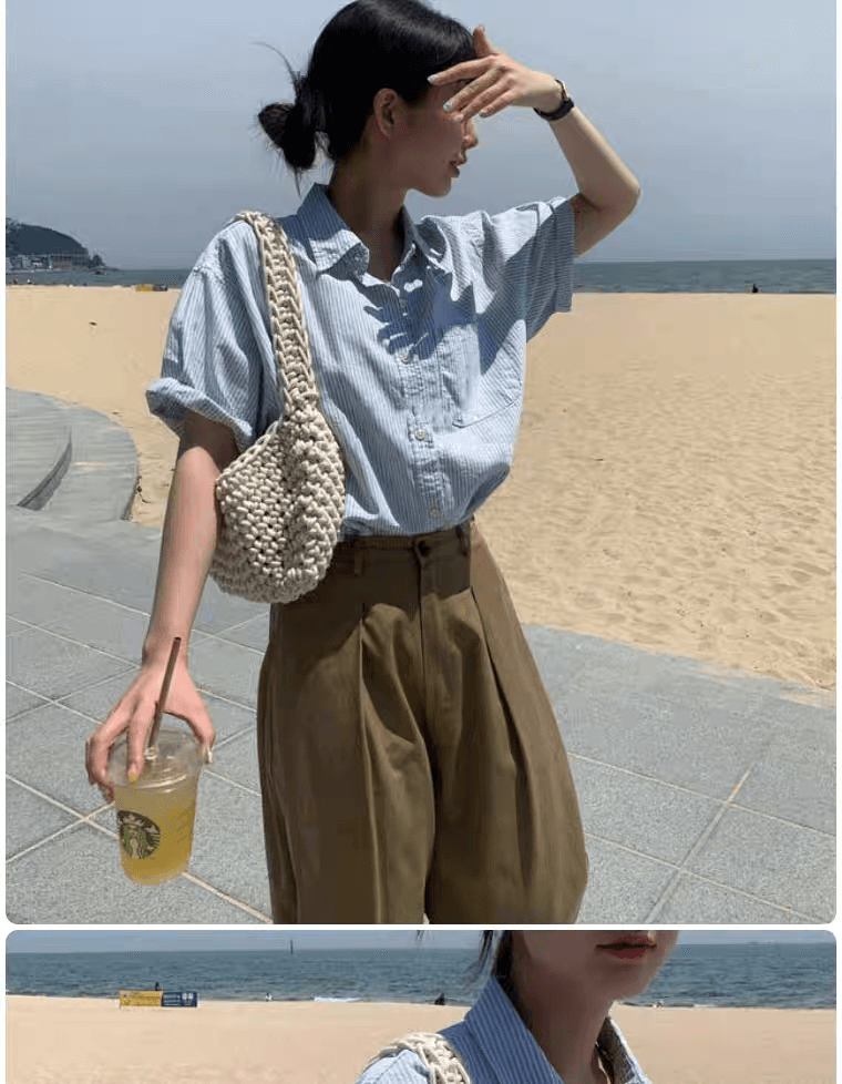 파란색 스트라이프 반팔 여성 셔츠 여름 고급 센스 한국 스타일 POLO 칼라 셔츠 디자인 센스 작은 대중 루즈핏 맨위 상세 이미지 8