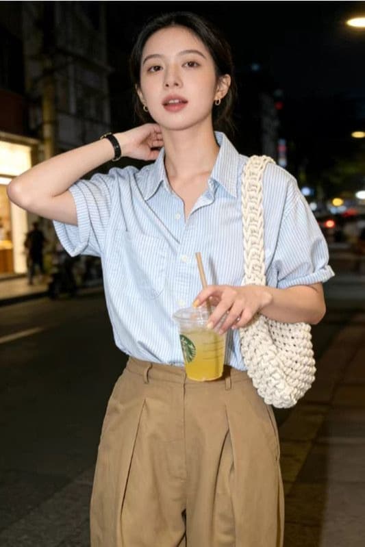 파란색 스트라이프 반팔 여성 셔츠 여름 고급 센스 한국 스타일 POLO 칼라 셔츠 디자인 센스 작은 대중 루즈핏 맨위 이미지 6