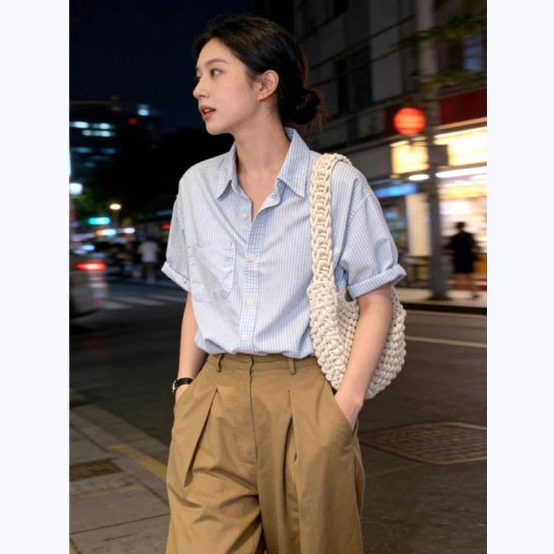 파란색 스트라이프 반팔 여성 셔츠 여름 고급 센스 한국 스타일 POLO 칼라 셔츠 디자인 센스 작은 대중 루즈핏 맨위 이미지 5