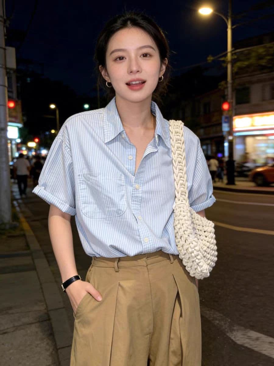 파란색 스트라이프 반팔 여성 셔츠 여름 고급 센스 한국 스타일 POLO 칼라 셔츠 디자인 센스 작은 대중 루즈핏 맨위 상세 이미지 7