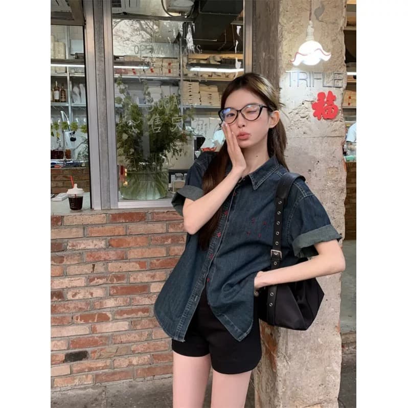 아메리칸 레트로 반팔 데님 여성 셔츠 여름 얇은 스타일 루즈핏 슬림해 보이는 캐주얼 작은 키 루즈핏 느긋한 맨위 상세 이미지 5