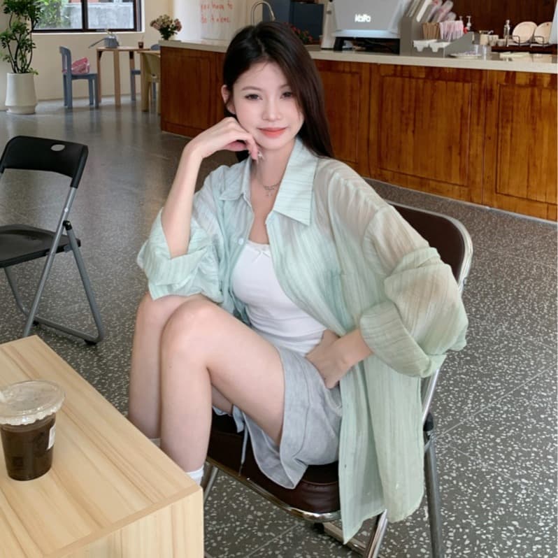 스트라이프 자외선 차단 의류 여성 셔츠 2026 봄 여름 디자인 센스 루즈핏 느긋한 바람 긴팔 맨위 얇은 스타일 셔츠 재킷