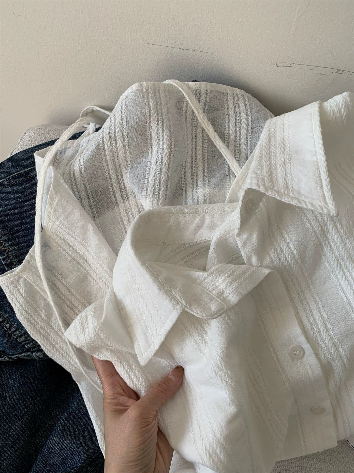 프랑스식 레트로 자카드 자수 화이트 순면 여성 셔츠 느슨함 센스 한 부서 폴로 칼라 셔츠 느긋한 다용도 봄 상세 이미지 7