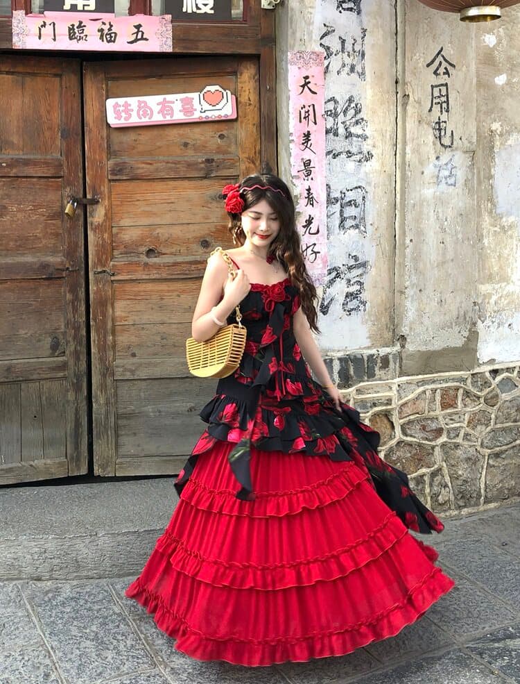 그린 필드 장미 섬 유화 바람 층 스택 아니요 백리스 에디션 슬립 드레스 여름 유화 바람 꽃무늬 휴가 치마 상세 이미지 25