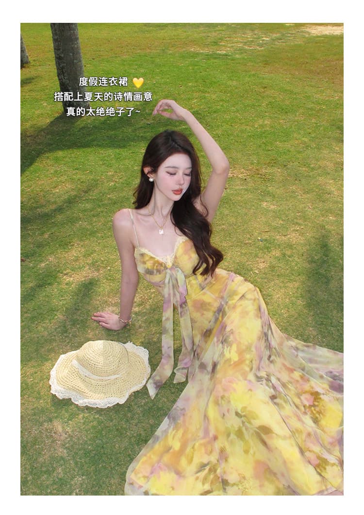프랑스식 황색 꽃무늬 슬립 여성 드레스 여름 해변가 휴가 튜브탑 롱 스커트 아니요 명중 섹션 슈퍼 요정 해변 치마 상세 이미지 4