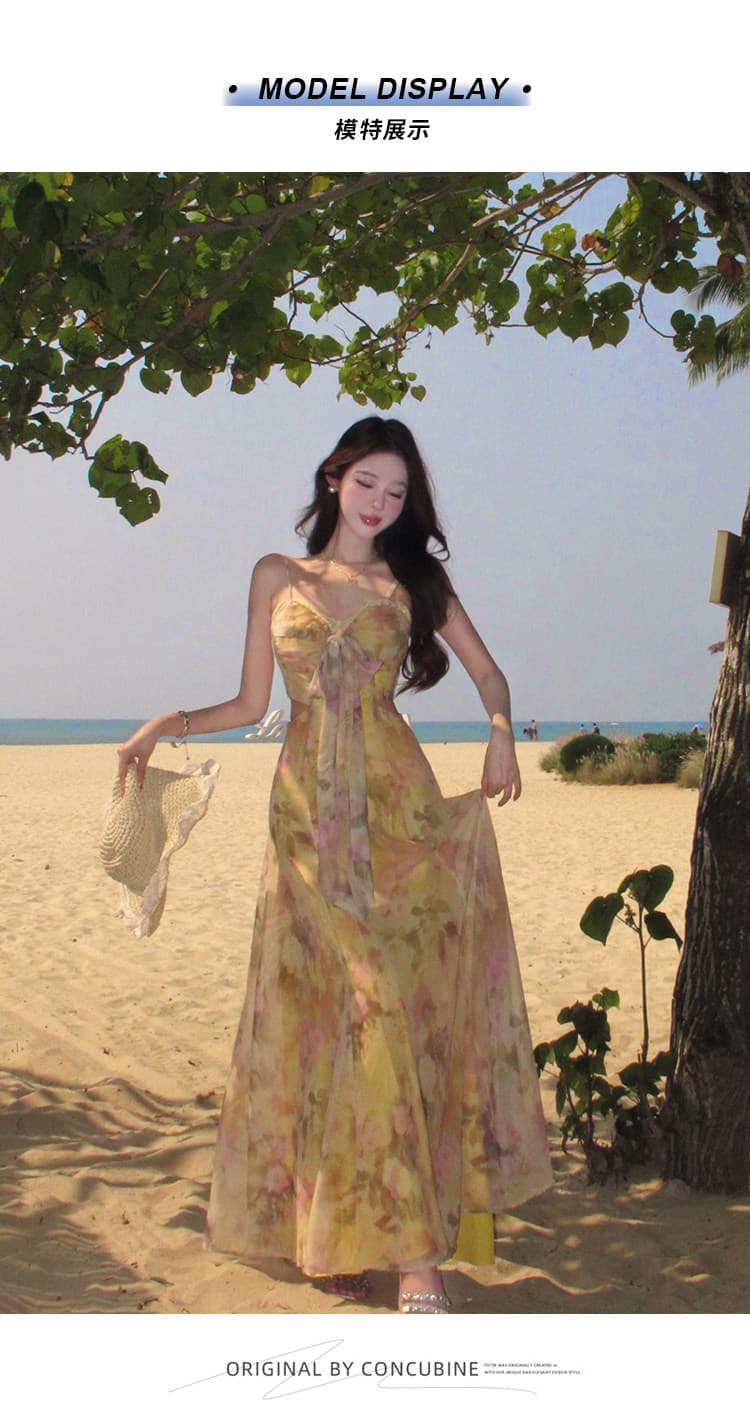 프랑스식 황색 꽃무늬 슬립 여성 드레스 여름 해변가 휴가 튜브탑 롱 스커트 아니요 명중 섹션 슈퍼 요정 해변 치마 상세 이미지 5