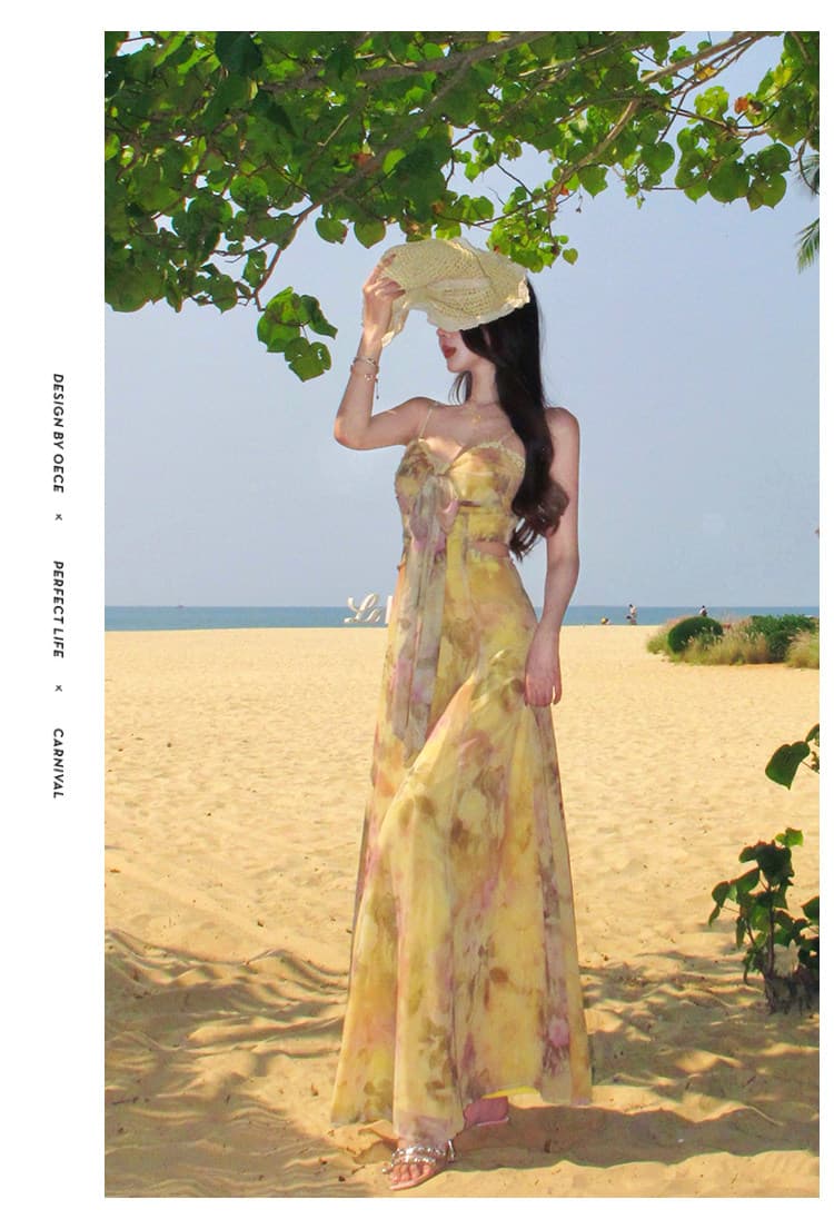 프랑스식 황색 꽃무늬 슬립 여성 드레스 여름 해변가 휴가 튜브탑 롱 스커트 아니요 명중 섹션 슈퍼 요정 해변 치마 상세 이미지 8
