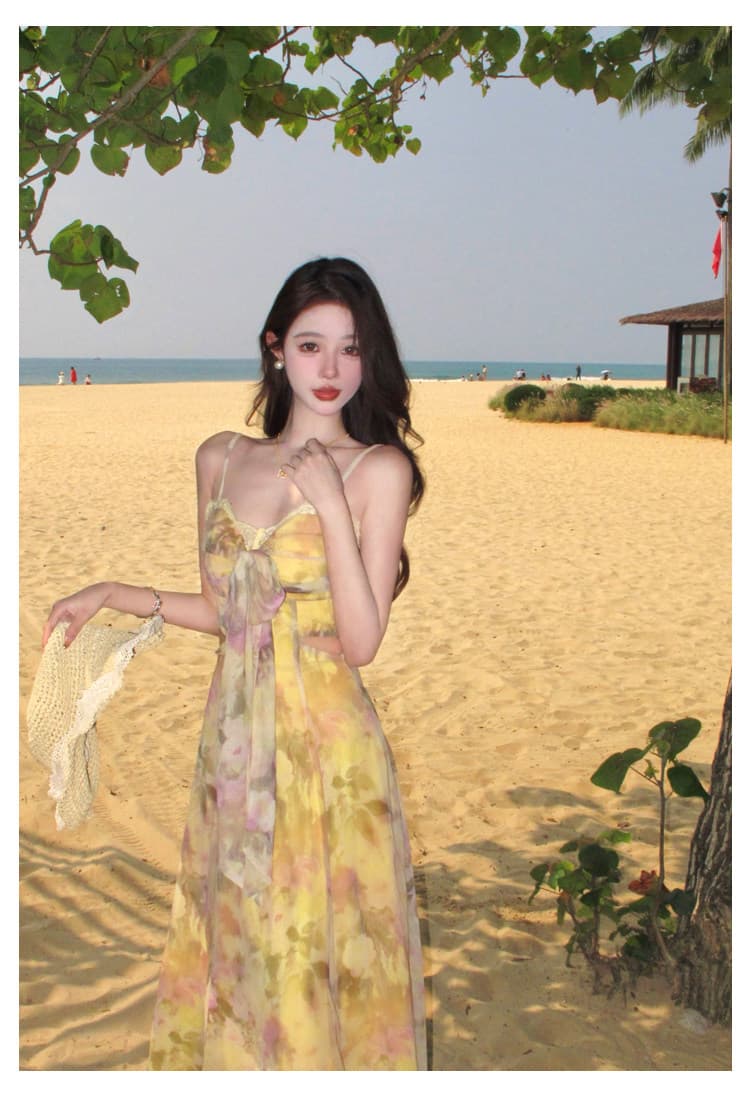 프랑스식 황색 꽃무늬 슬립 여성 드레스 여름 해변가 휴가 튜브탑 롱 스커트 아니요 명중 섹션 슈퍼 요정 해변 치마 상세 이미지 9