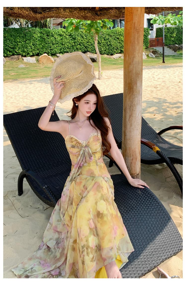 프랑스식 황색 꽃무늬 슬립 여성 드레스 여름 해변가 휴가 튜브탑 롱 스커트 아니요 명중 섹션 슈퍼 요정 해변 치마 상세 이미지 10