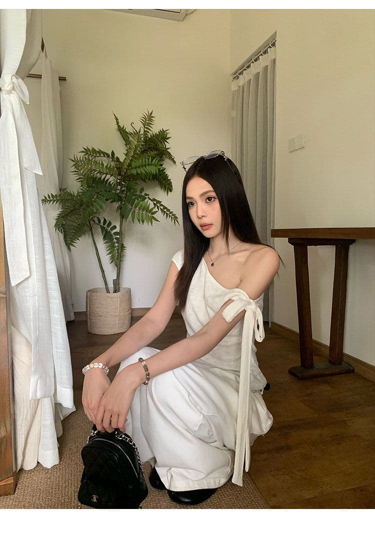 원본 대나무 마디 면 불규칙 비스듬한 어깨 반팔 티셔츠 여성 여름 몸매 가꾸기 슬림해 보이는 디자인 센스 오프숄더 맨위 상세 이미지 7