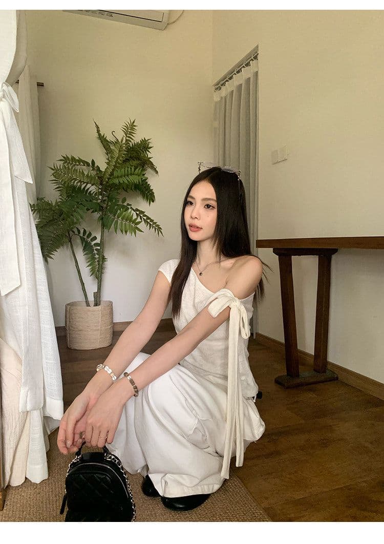 원본 대나무 마디 면 불규칙 비스듬한 어깨 반팔 티셔츠 여성 여름 몸매 가꾸기 슬림해 보이는 디자인 센스 오프숄더 맨위 상세 이미지 14