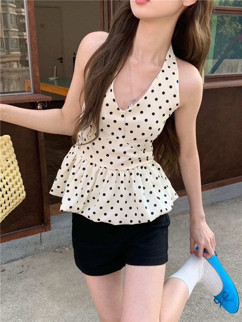검정색 도트 무늬 행침 목 민소매 캐미솔 여름 달콤한 매운맛 chic 한 부서 고급 센스 퍼프 꽃밭 맨위 상세 이미지 10
