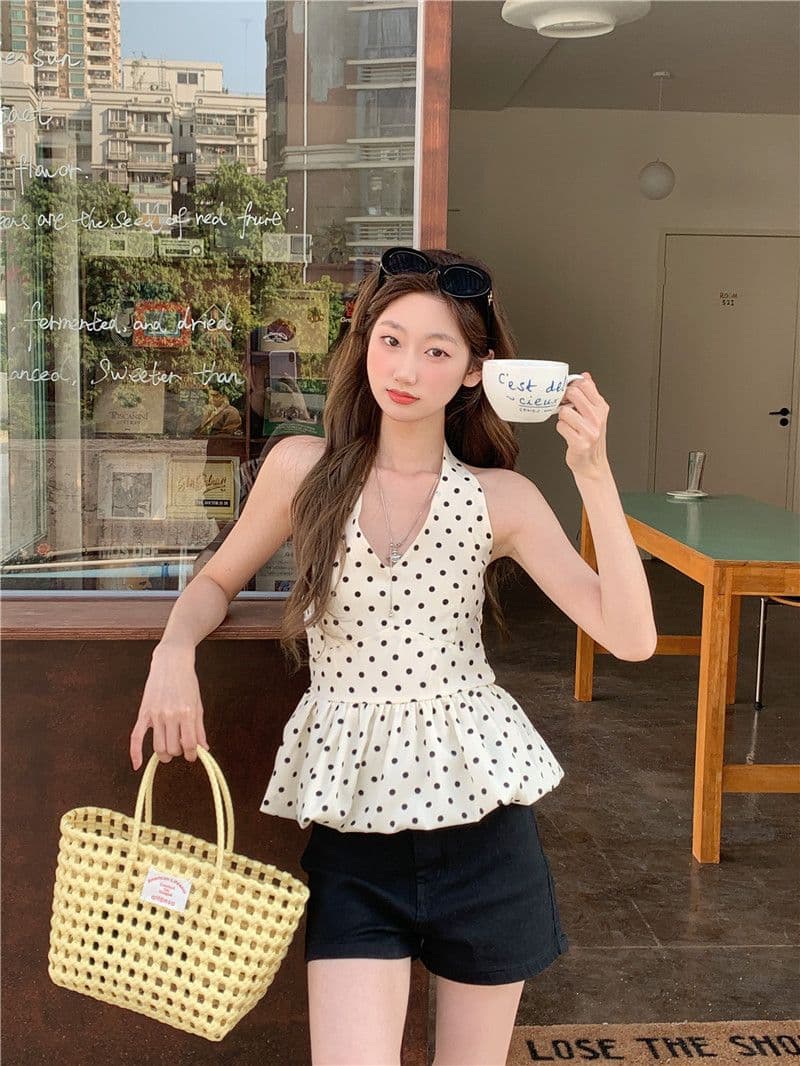 검정색 도트 무늬 행침 목 민소매 캐미솔 여름 달콤한 매운맛 chic 한 부서 고급 센스 퍼프 꽃밭 맨위 상세 이미지 11