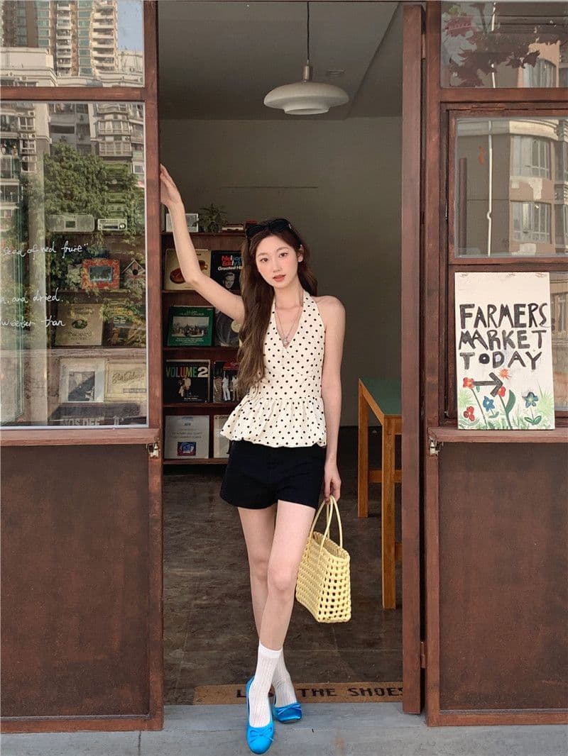 검정색 도트 무늬 행침 목 민소매 캐미솔 여름 달콤한 매운맛 chic 한 부서 고급 센스 퍼프 꽃밭 맨위 상세 이미지 12