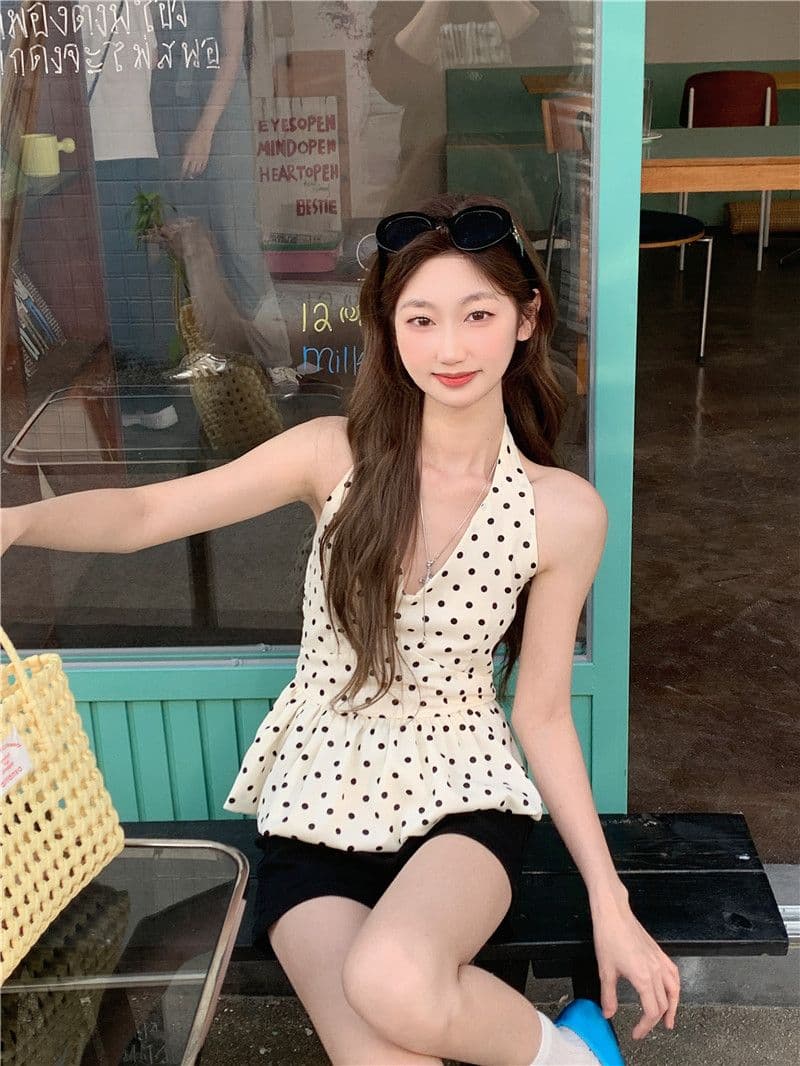 검정색 도트 무늬 행침 목 민소매 캐미솔 여름 달콤한 매운맛 chic 한 부서 고급 센스 퍼프 꽃밭 맨위 상세 이미지 13