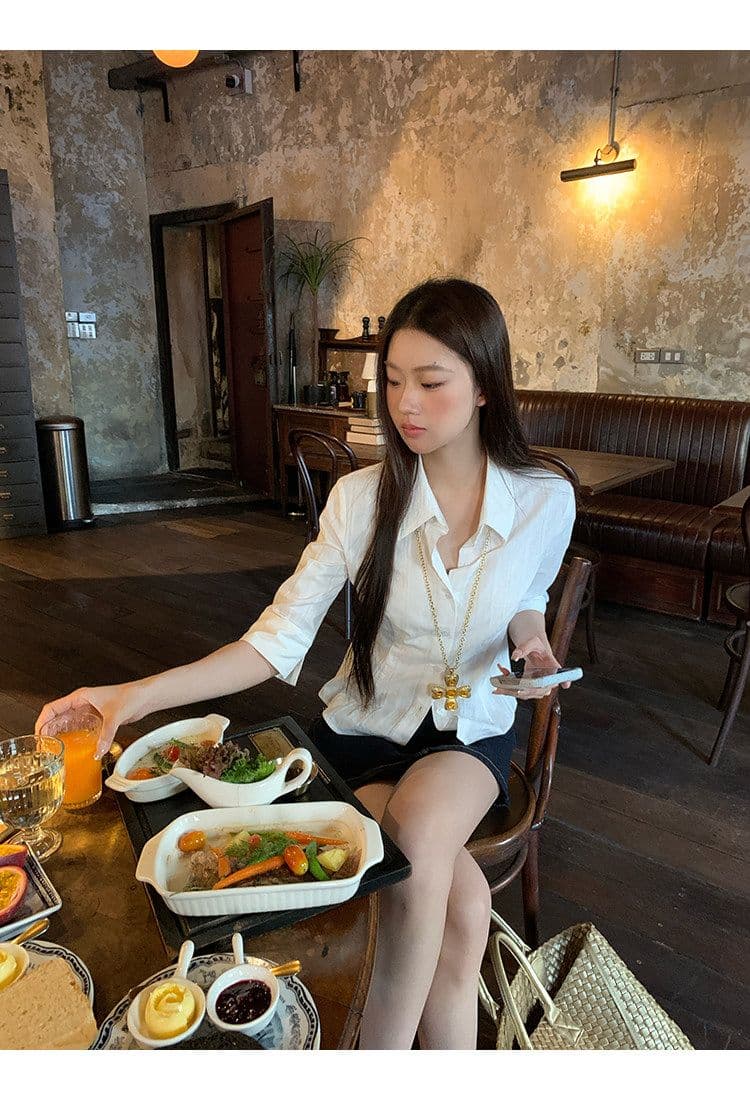 원본 원단 화이트 셔츠 여자 봄 프랑스식 맨위 고급 센스 빛 럭셔리 연령 감소 외국 가스 셔츠 상세 이미지 20