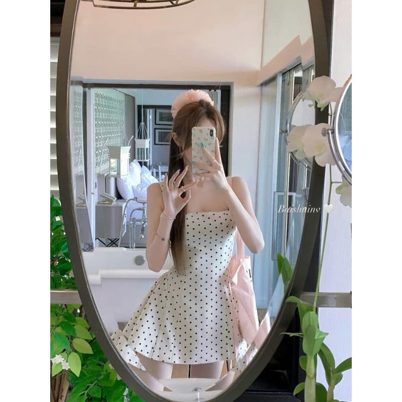 정장 원단 miu 부서 도트 무늬 살구 색상 광장 칼라 슬립 여성 드레스 프랑스식 순수한 허리 수축 치마 이미지 3