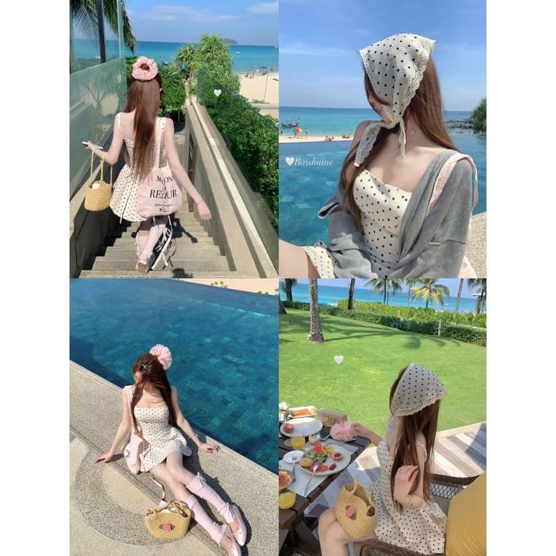 정장 원단 miu 부서 도트 무늬 살구 색상 광장 칼라 슬립 여성 드레스 프랑스식 순수한 허리 수축 치마 이미지 4