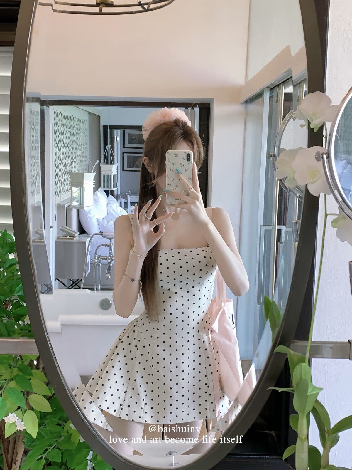 정장 원단 miu 부서 도트 무늬 살구 색상 광장 칼라 슬립 여성 드레스 프랑스식 순수한 허리 수축 치마 상세 이미지 4