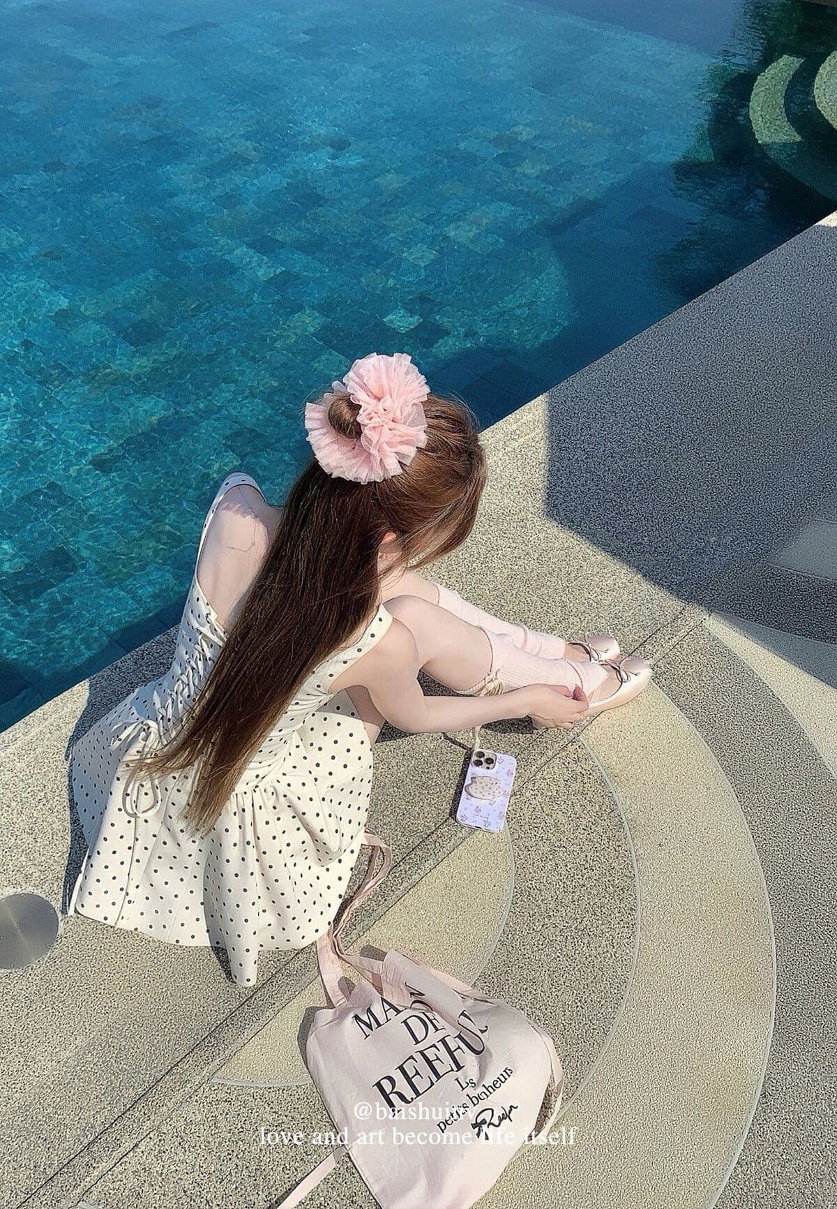 정장 원단 miu 부서 도트 무늬 살구 색상 광장 칼라 슬립 여성 드레스 프랑스식 순수한 허리 수축 치마 상세 이미지 9