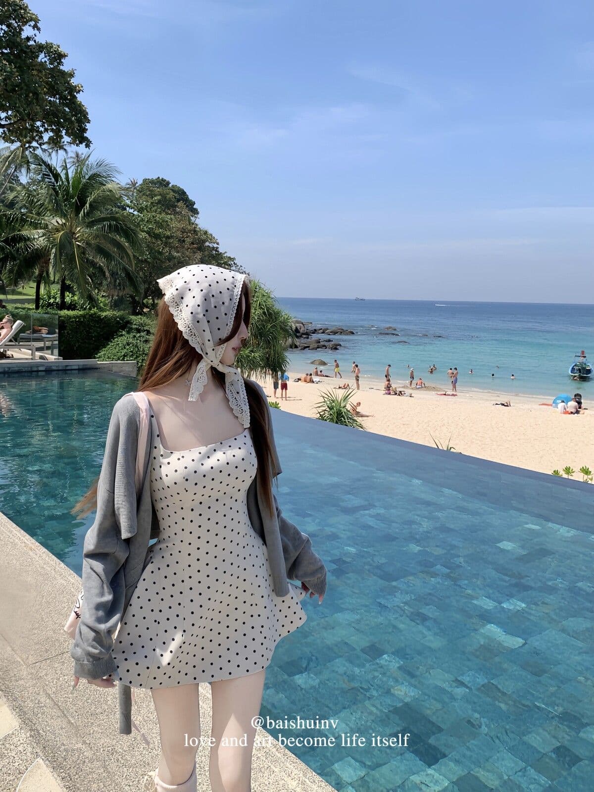 정장 원단 miu 부서 도트 무늬 살구 색상 광장 칼라 슬립 여성 드레스 프랑스식 순수한 허리 수축 치마 상세 이미지 13
