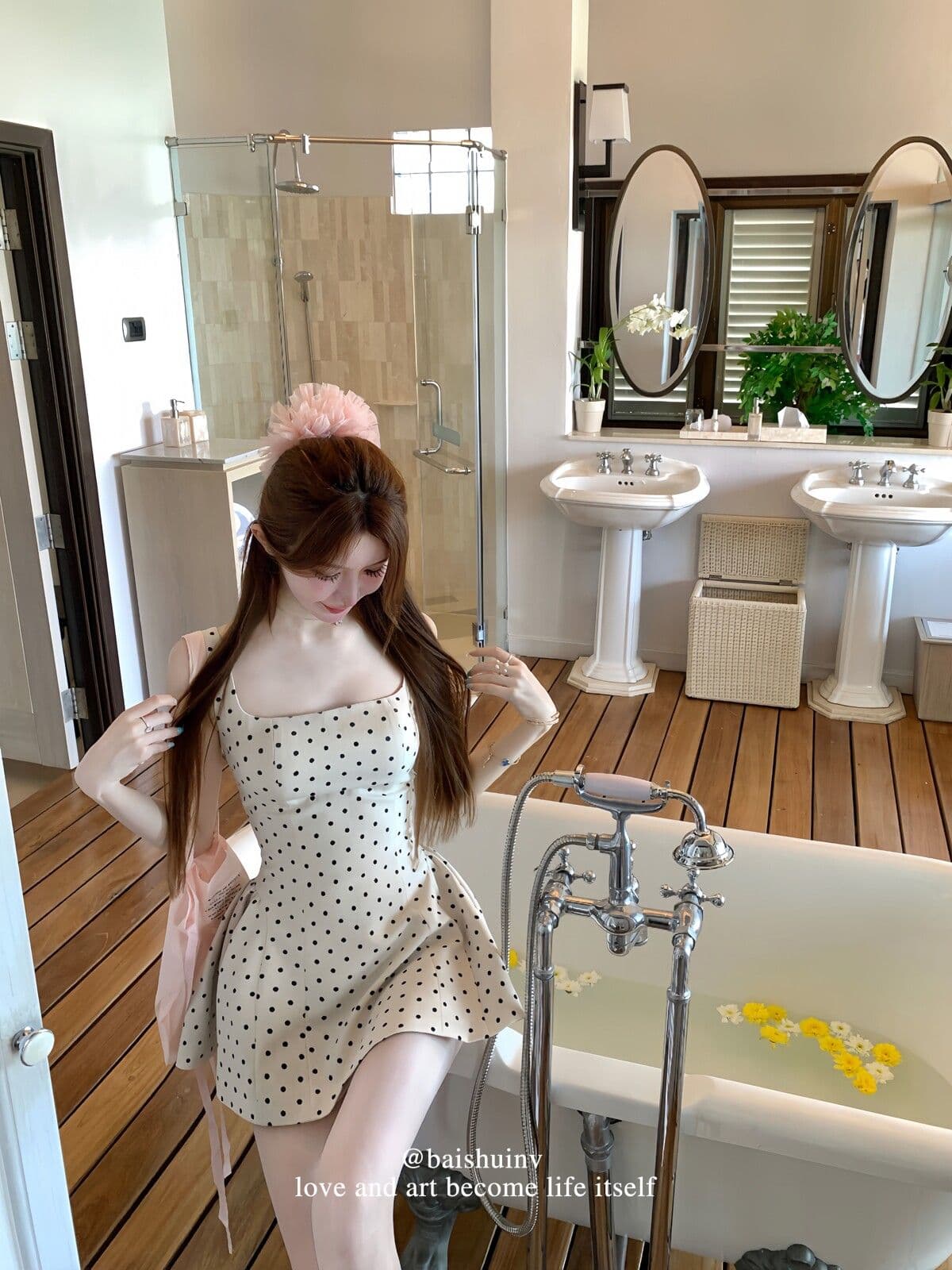 정장 원단 miu 부서 도트 무늬 살구 색상 광장 칼라 슬립 여성 드레스 프랑스식 순수한 허리 수축 치마 상세 이미지 15