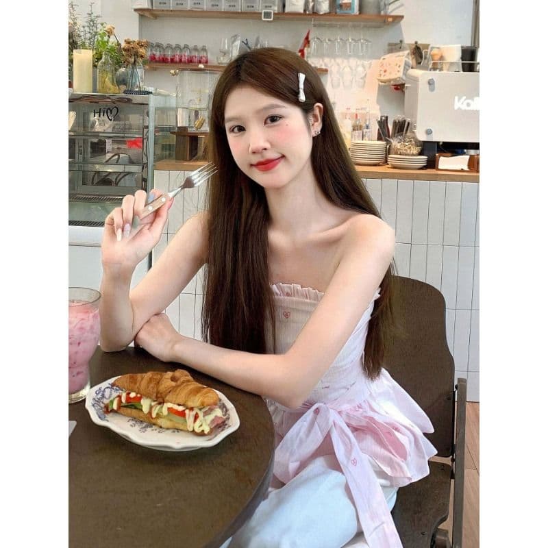 원본 것 미끄럼 방지 스트립 핑크색 튜브탑 캐미솔 여름 나비 넥타이 허리 수축 맨위 이미지 3