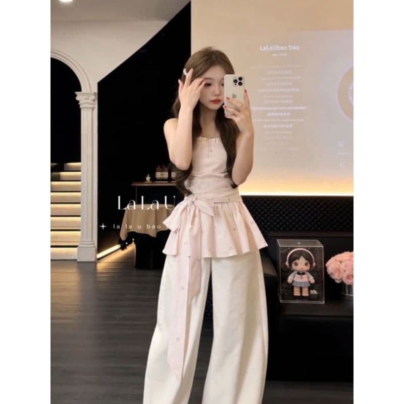 프랑스식 레트로 순수한 욕망 바람 주름 다용도 스트랩 디자인 센스 작은 대중 튜브탑 슬립 슬림해 보이는 맨위 여성 이미지 3