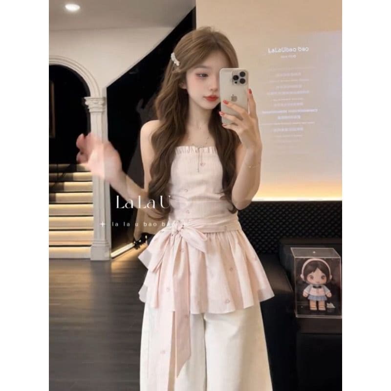 프랑스식 레트로 순수한 욕망 바람 주름 다용도 스트랩 디자인 센스 작은 대중 튜브탑 슬립 슬림해 보이는 맨위 여성 이미지 4