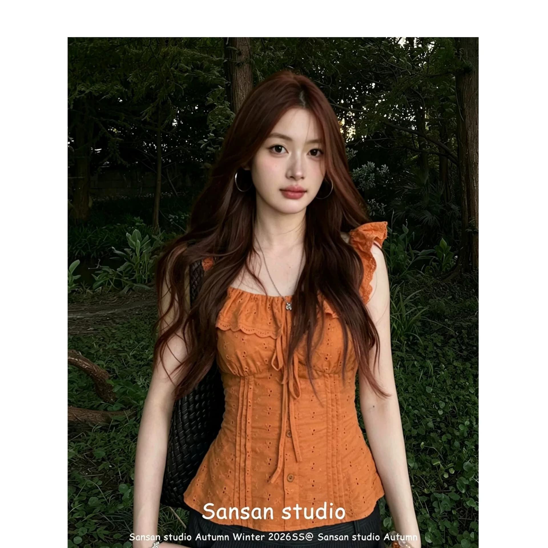프랑스식 주황색 반팔 여성 셔츠 여름 착용 가져 가라. 프릴 칼라 셔츠 몸매 가꾸기 슬림해 보이는 도파민 작은 날다 소매 맨위 상세 이미지 3