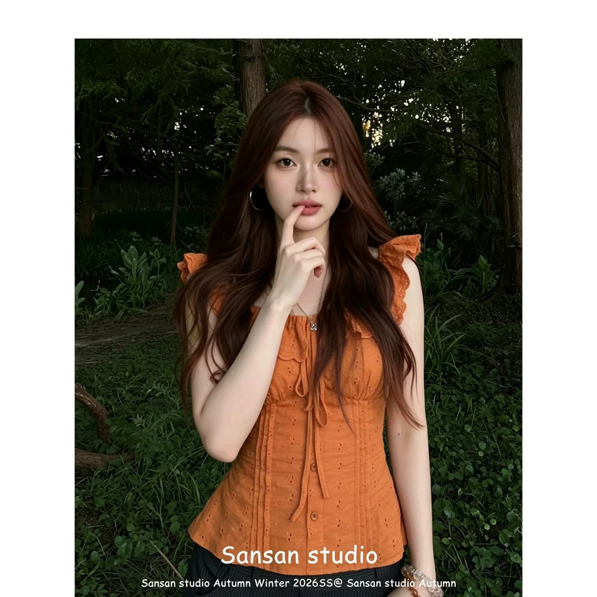 프랑스식 주황색 반팔 여성 셔츠 여름 착용 가져 가라. 프릴 칼라 셔츠 몸매 가꾸기 슬림해 보이는 도파민 작은 날다 소매 맨위 상세 이미지 6