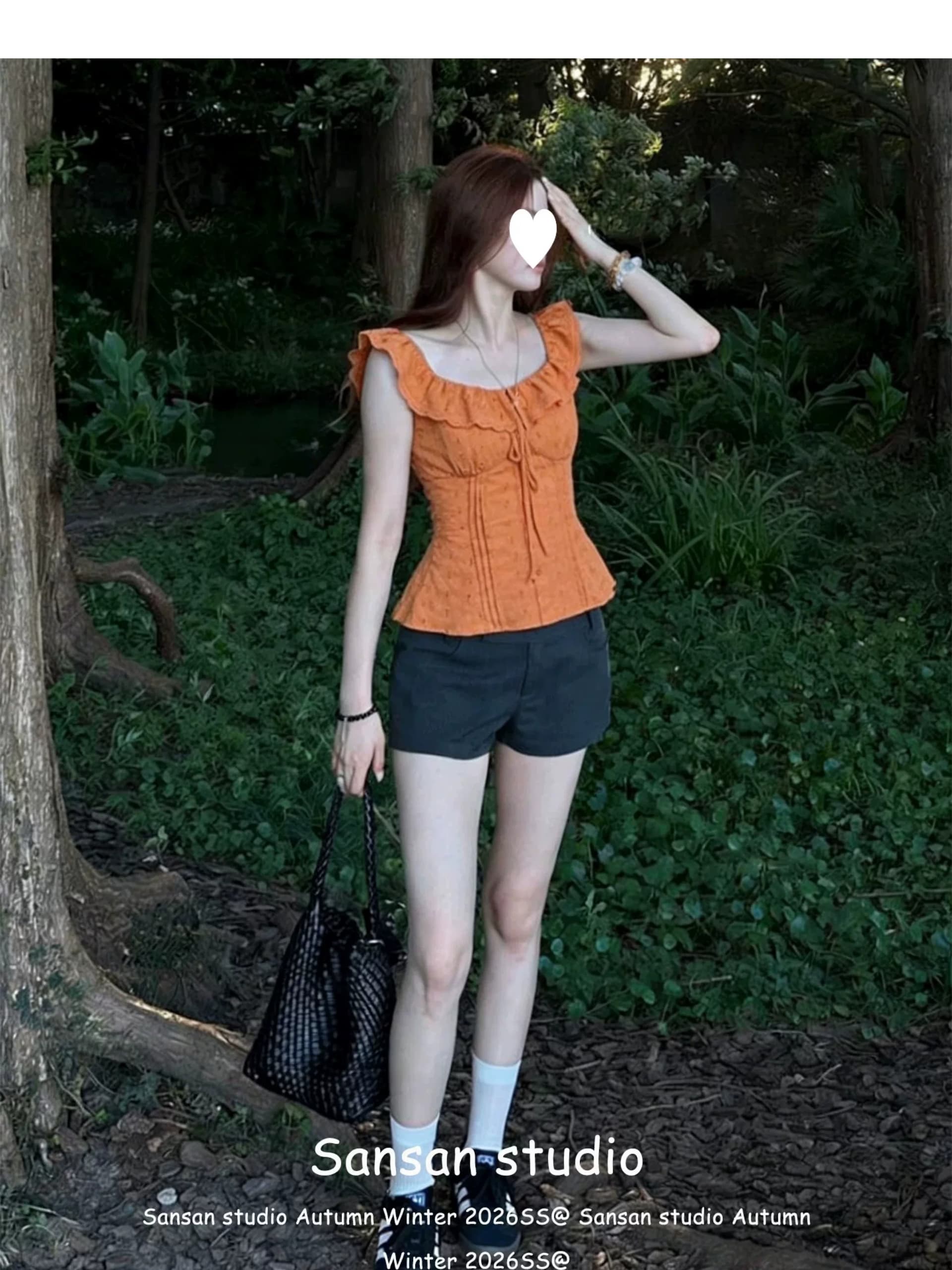 프랑스식 주황색 반팔 여성 셔츠 여름 착용 가져 가라. 프릴 칼라 셔츠 몸매 가꾸기 슬림해 보이는 도파민 작은 날다 소매 맨위 상세 이미지 7