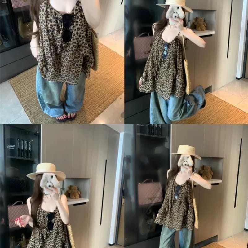 플러스 안감 아메리칸 핫걸 레오파드 무늬 보내기 리본 캐미솔 여름 외출용 경기 행침 목 레이스업 아름다운 맨위 이미지 5