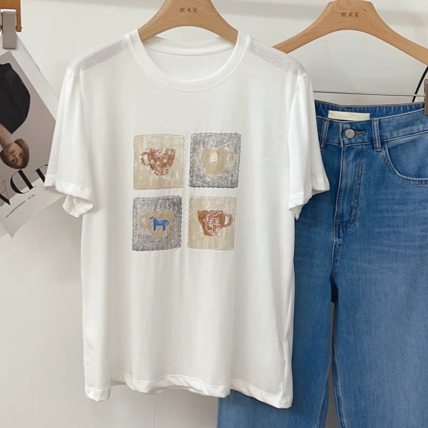 한 부서 여름 새로운 루즈핏 다용도 chic 프린트 반팔 티셔츠 슬림해 보이는 캐주얼 느긋한 편안함 연령 감소 맨위 이미지 4