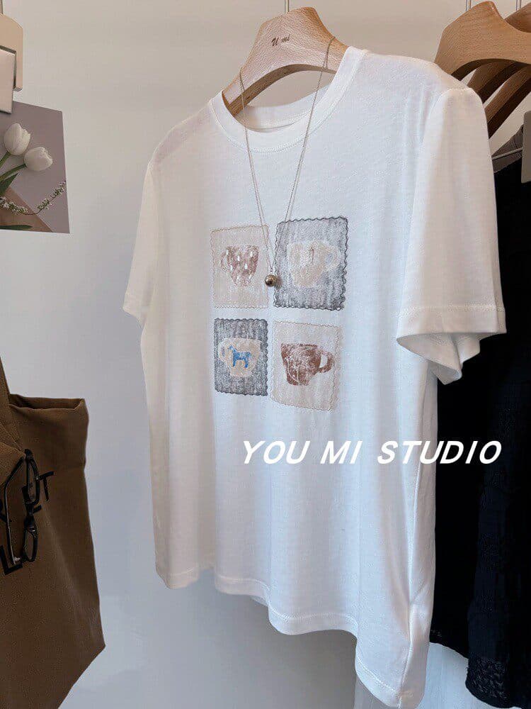 한 부서 여름 새로운 루즈핏 다용도 chic 프린트 반팔 티셔츠 슬림해 보이는 캐주얼 느긋한 편안함 연령 감소 맨위 이미지 2