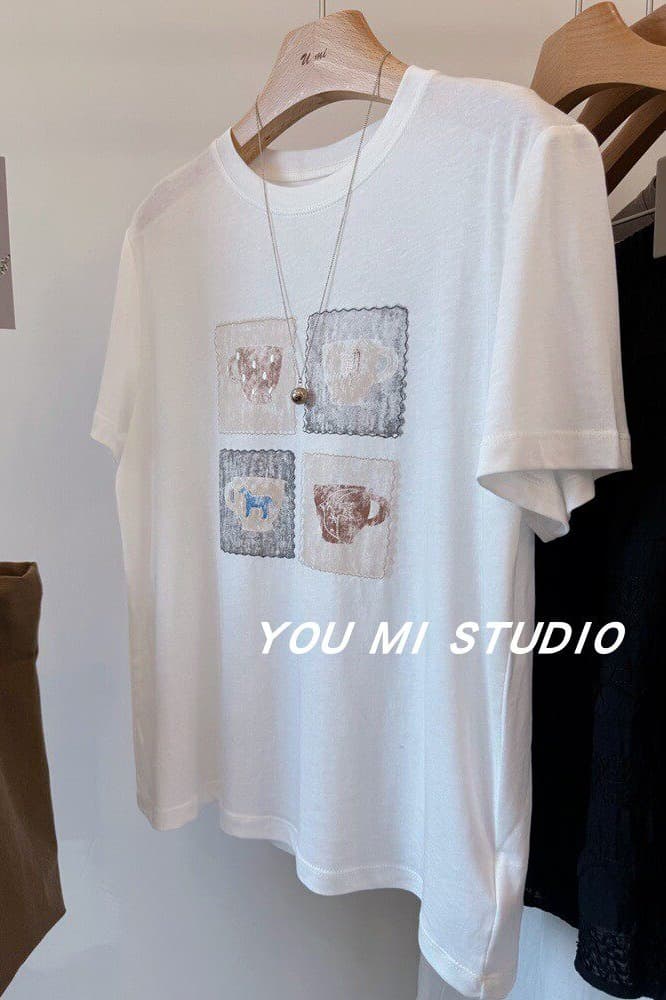 한 부서 여름 새로운 루즈핏 다용도 chic 프린트 반팔 티셔츠 슬림해 보이는 캐주얼 느긋한 편안함 연령 감소 맨위 이미지 6