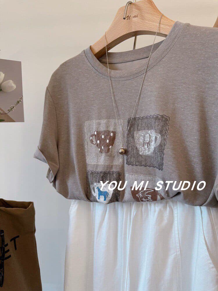 한 부서 여름 새로운 루즈핏 다용도 chic 프린트 반팔 티셔츠 슬림해 보이는 캐주얼 느긋한 편안함 연령 감소 맨위 상세 이미지 5