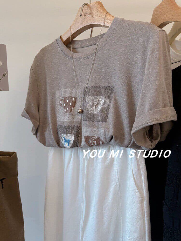 한 부서 여름 새로운 루즈핏 다용도 chic 프린트 반팔 티셔츠 슬림해 보이는 캐주얼 느긋한 편안함 연령 감소 맨위 상세 이미지 8