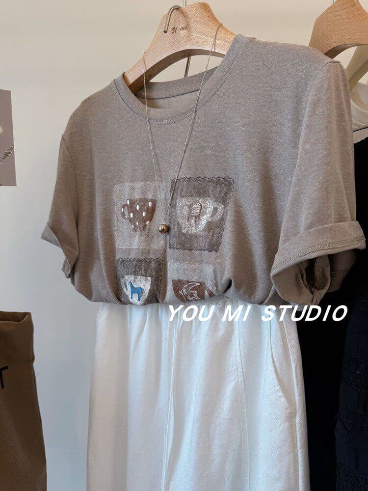 한 부서 여름 새로운 루즈핏 다용도 chic 프린트 반팔 티셔츠 슬림해 보이는 캐주얼 느긋한 편안함 연령 감소 맨위 상세 이미지 9