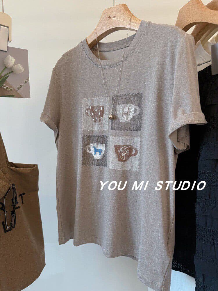 한 부서 여름 새로운 루즈핏 다용도 chic 프린트 반팔 티셔츠 슬림해 보이는 캐주얼 느긋한 편안함 연령 감소 맨위 상세 이미지 11