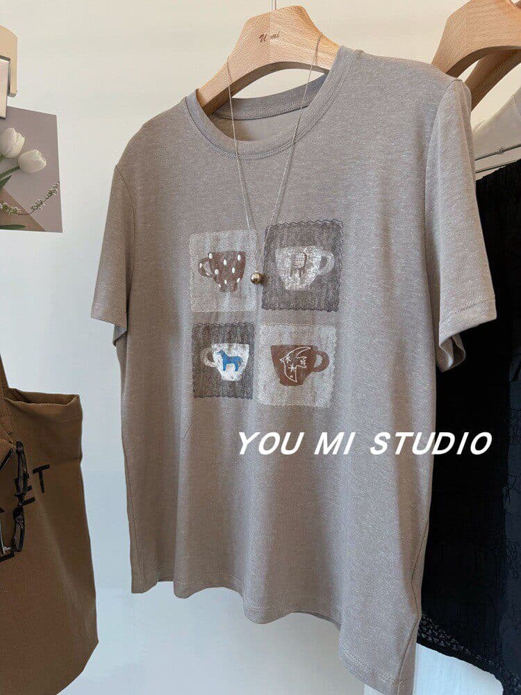 한 부서 여름 새로운 루즈핏 다용도 chic 프린트 반팔 티셔츠 슬림해 보이는 캐주얼 느긋한 편안함 연령 감소 맨위 상세 이미지 14