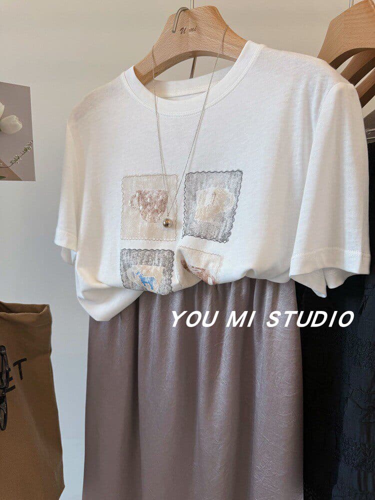 한 부서 여름 새로운 루즈핏 다용도 chic 프린트 반팔 티셔츠 슬림해 보이는 캐주얼 느긋한 편안함 연령 감소 맨위 상세 이미지 15